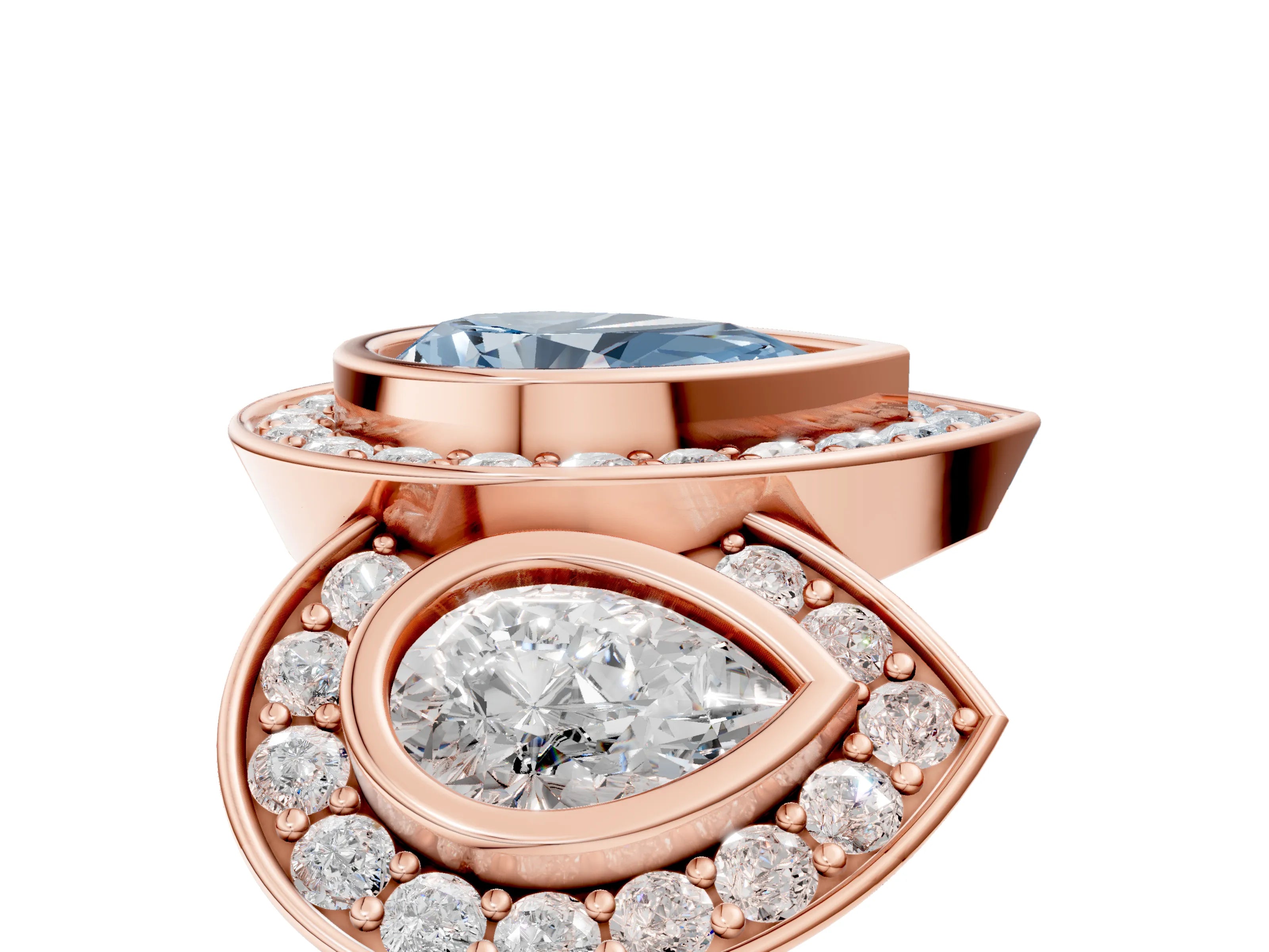 Rose gold Three-Stone Fancy Blue Pear Cut Halo Pavé Diamond Ring_5
