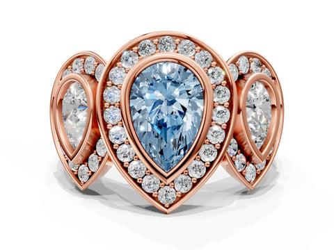 Rose gold Three-Stone Fancy Blue Pear Cut Halo Pavé Diamond Ring