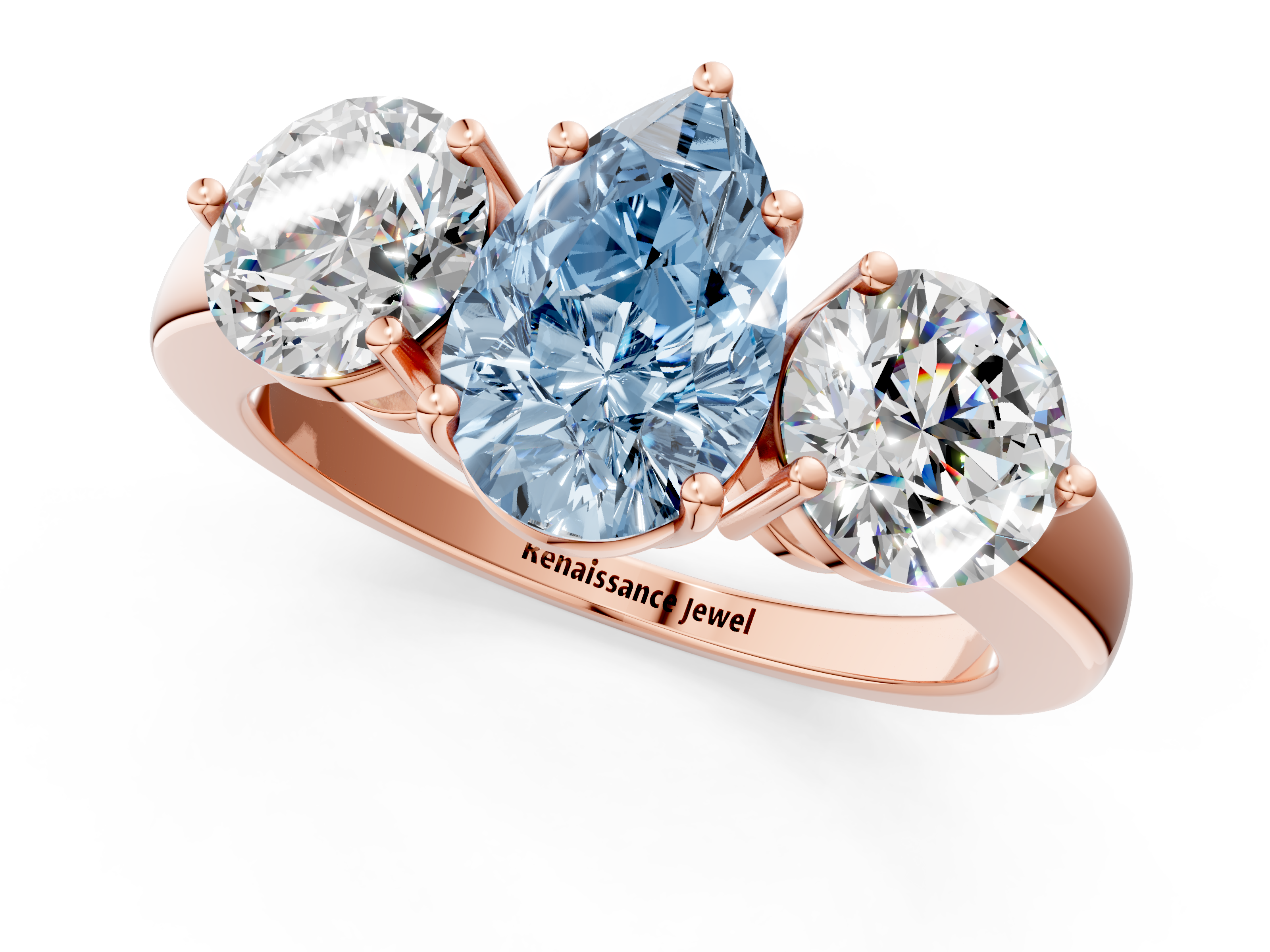 Rose gold Three-Stone Fancy Blue Pear  Cut Solitaire Ring with Prong Setting on a Classic Band_79
