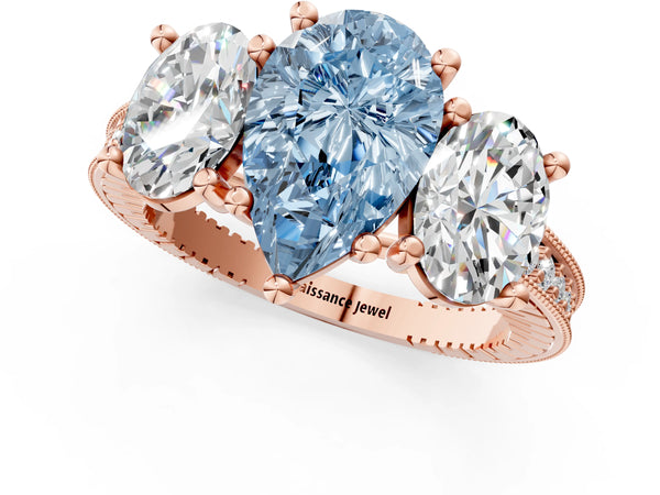 Rose gold Three-Stone Fancy Blue Pear  Diamond Milgrain Pave Band with Prong Setting