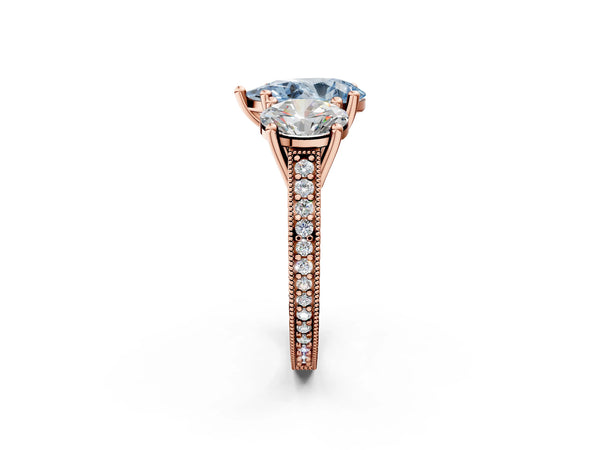 Rose gold Three-Stone Fancy Blue Pear  Diamond Milgrain Pave Band with Prong Setting