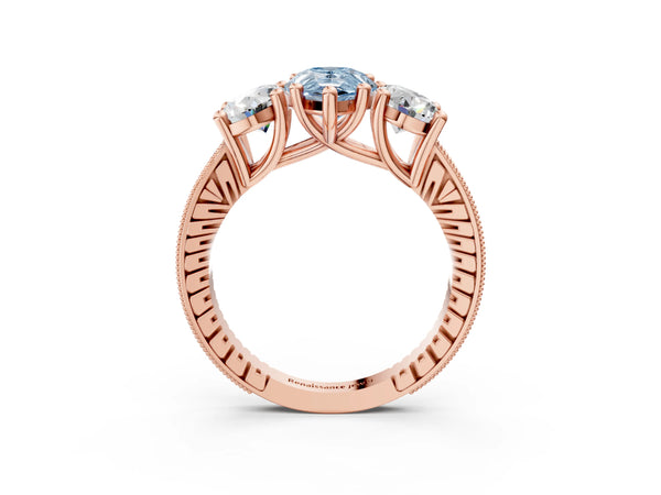 Rose gold Three-Stone Fancy Blue Pear  Diamond Milgrain Pave Band with Prong Setting