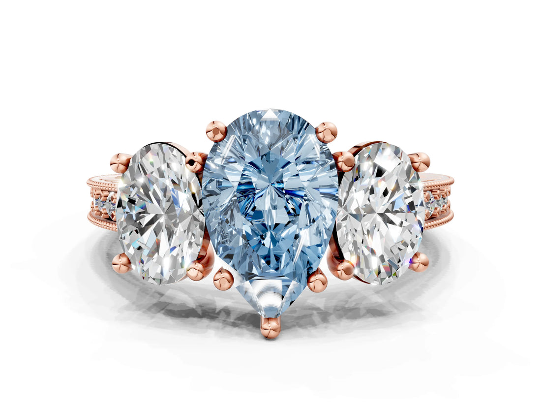 Rose gold Three-Stone Fancy Blue Pear  Diamond Milgrain Pave Band with Prong Setting