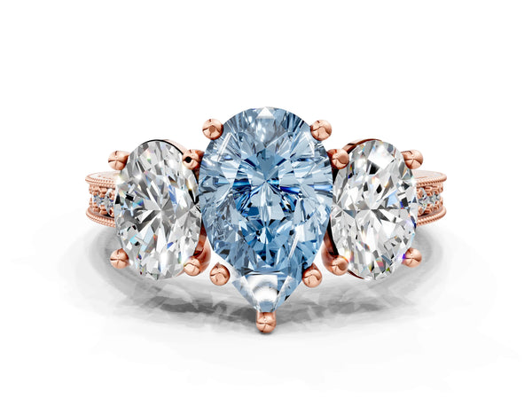 Rose gold Three-Stone Fancy Blue Pear  Diamond Milgrain Pave Band with Prong Setting