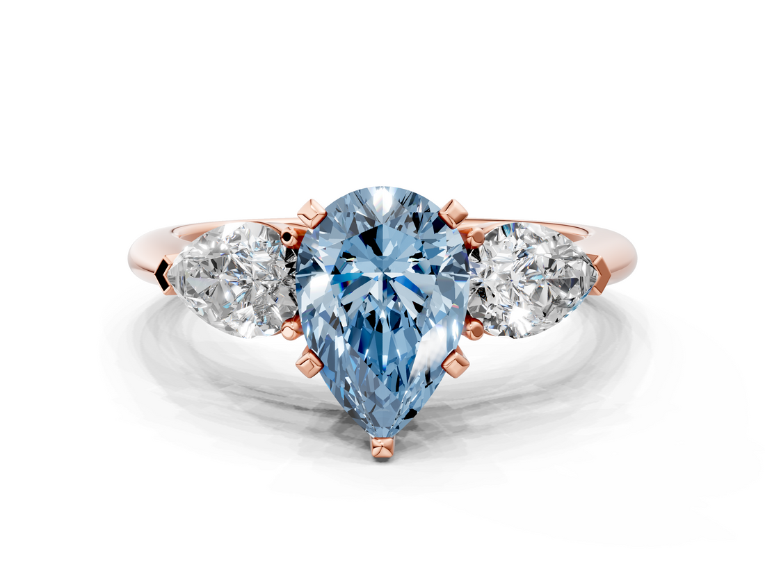 Rose gold Three-Stone Fancy Blue Pear  Diamond Ring with Pear Side Stones in Four-Prong Setting_45