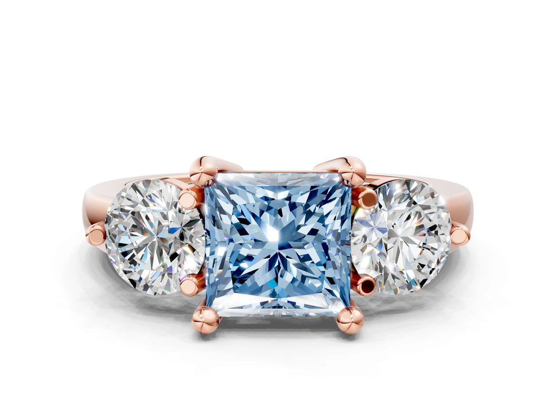 Rose gold Three-Stone Fancy Blue Princess  Brilliant Cut Solitaire Ring with Prong Setting on a Classic Band