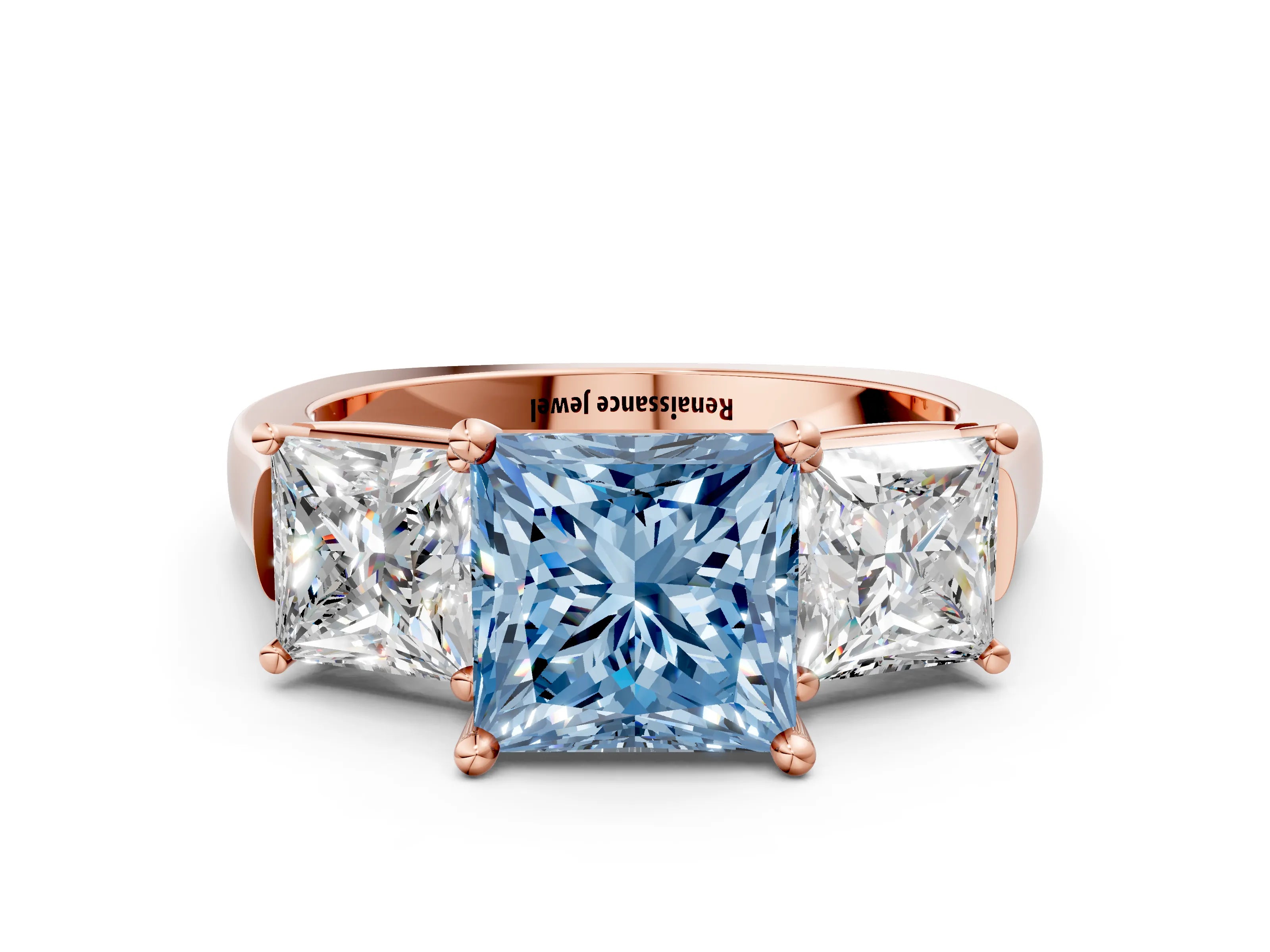 Rose gold Three-Stone Fancy Blue Princess Cut Brilliant Diamond Trellis Ring with Comfort Fit Band