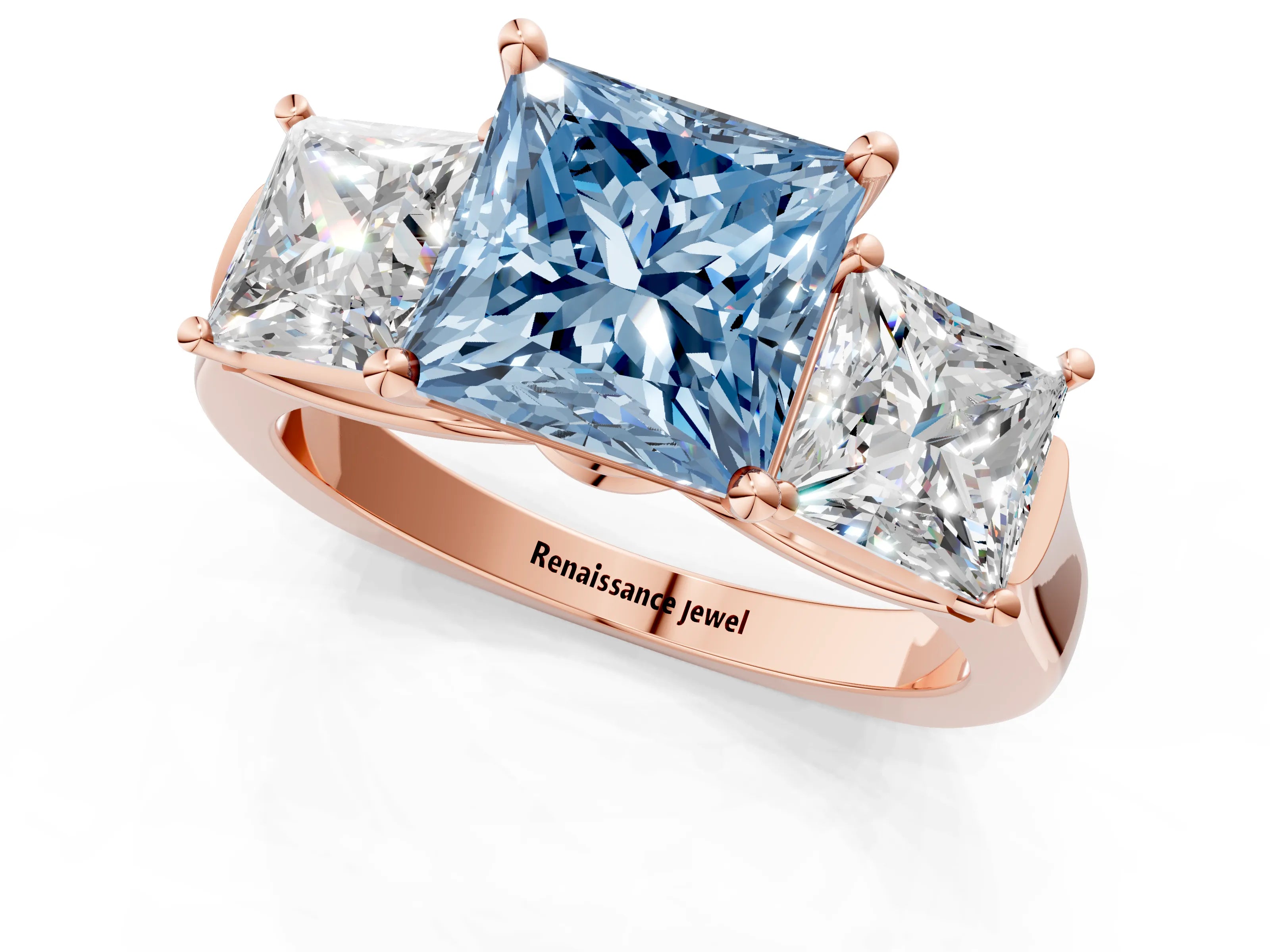 Rose gold Three-Stone Fancy Blue Princess Cut Brilliant Diamond Trellis Ring with Comfort Fit Band_1