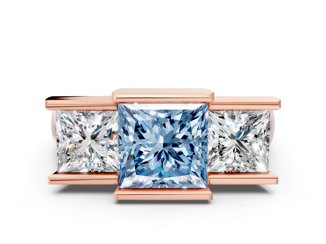 Rose gold Three Stone Fancy Blue Princess Cut Cut Channel Set Diamond Ring
