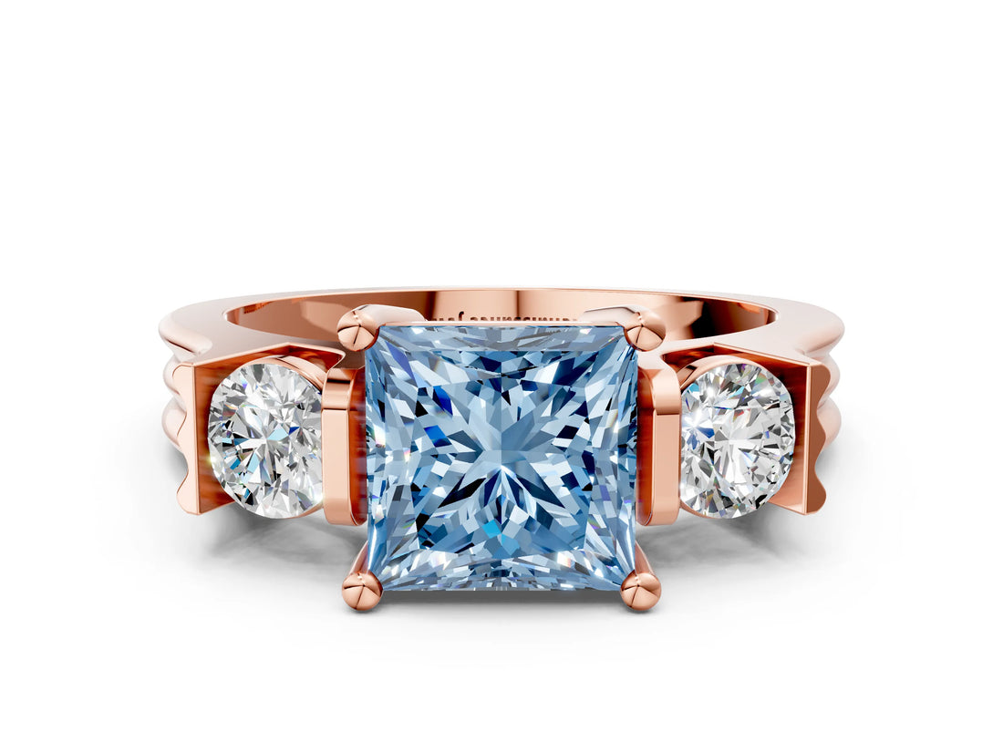Rose gold Three-Stone Fancy Blue Princess Cut Cut Classic Band Prong Setting Ring