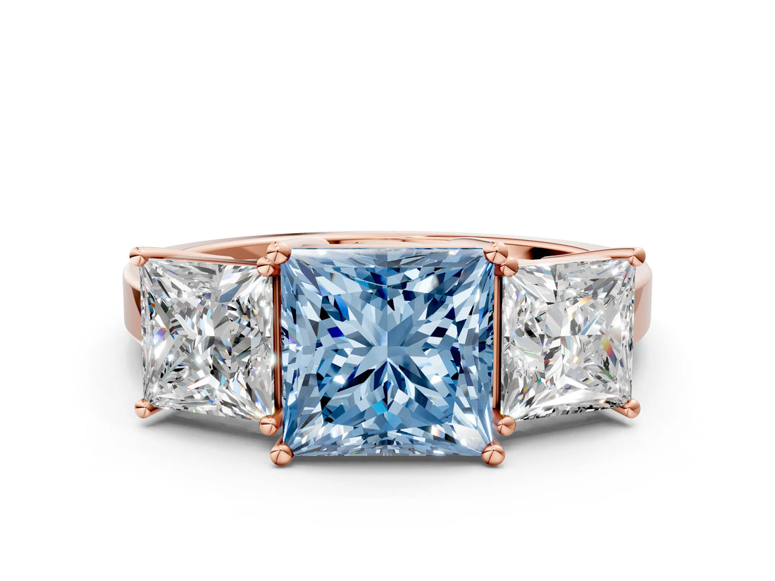 Rose gold Three-Stone Fancy Blue Princess Cut Cut Diamond Engagement Ring with Flat Band and Four-Prong Setting_12