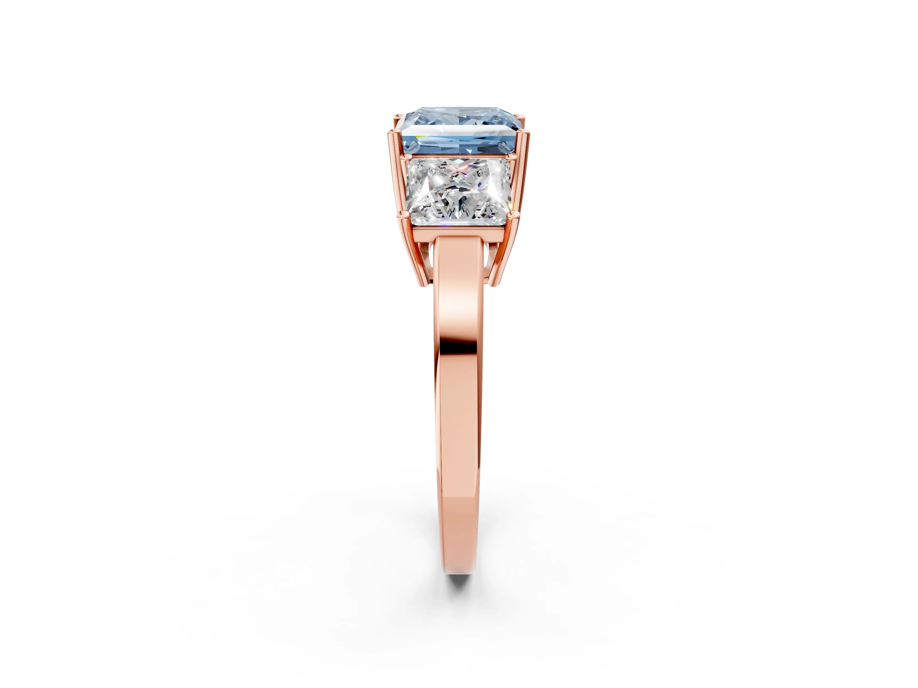 Rose gold Three-Stone Fancy Blue Princess Cut Cut Diamond Engagement Ring with Flat Band and Four-Prong Setting_14