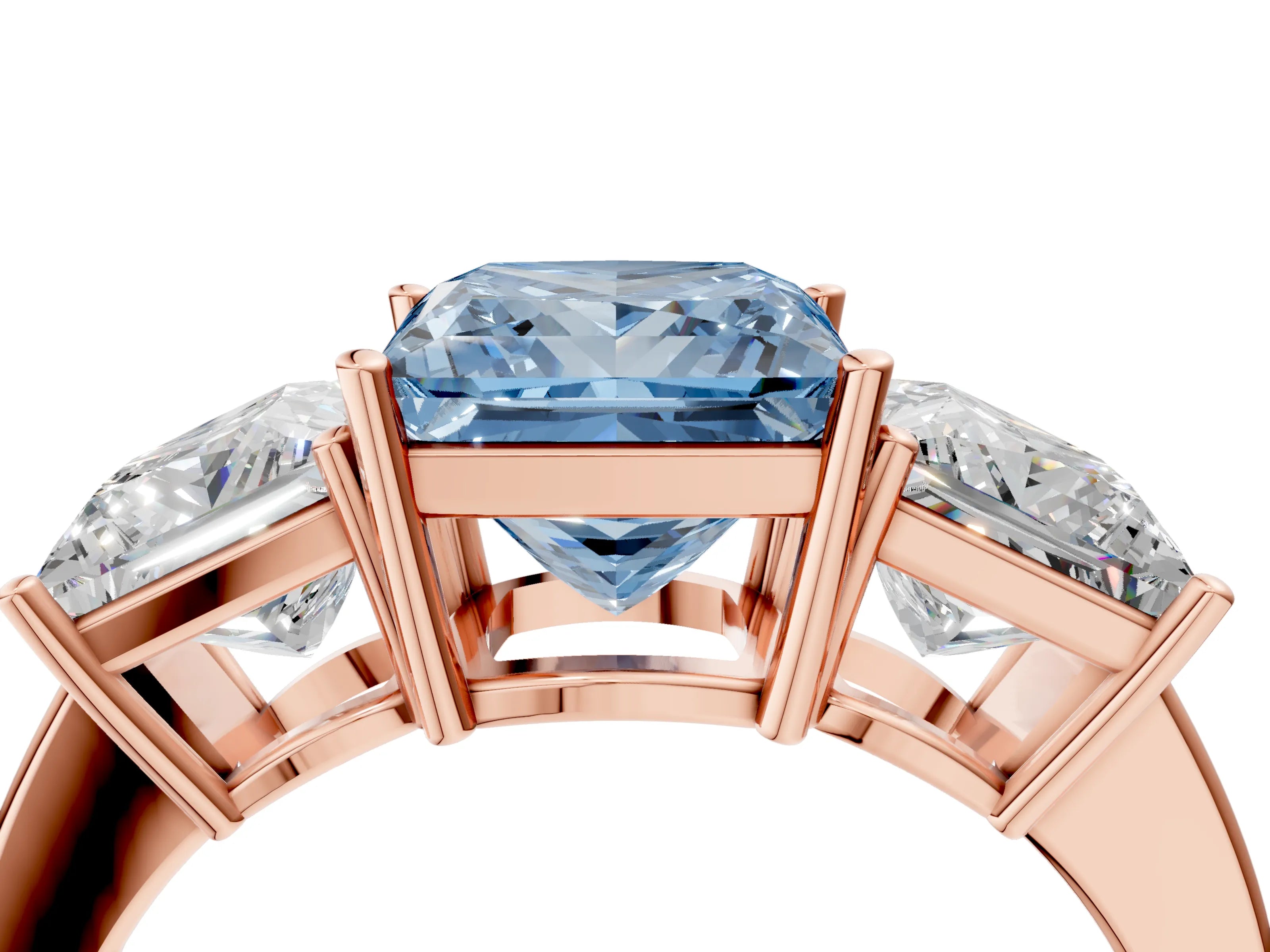 Rose gold Three-Stone Fancy Blue Princess Cut Cut Diamond Engagement Ring with Flat Band and Four-Prong Setting_4