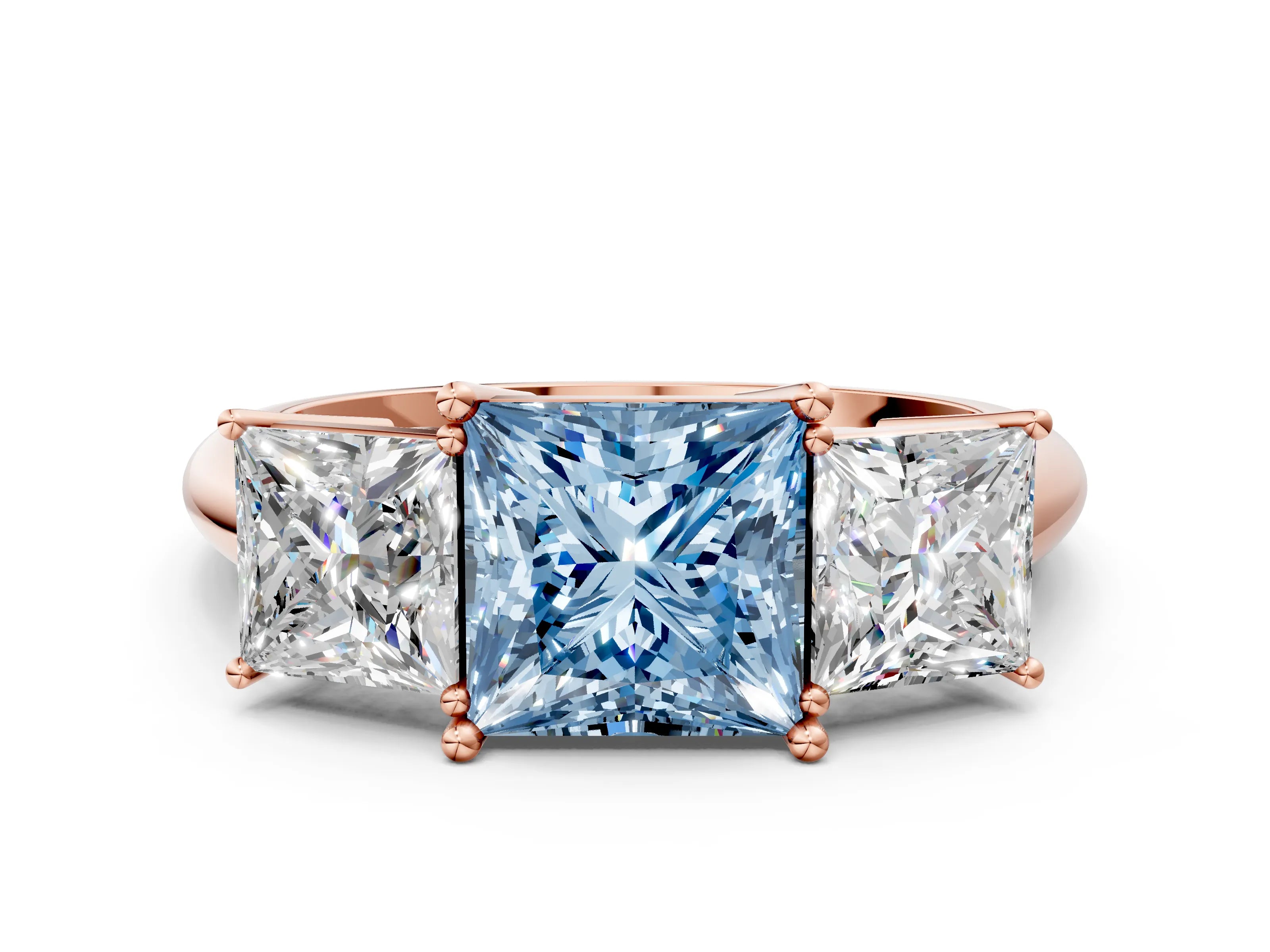 Rose gold Three-Stone Fancy Blue Princess Cut Cut Diamond Engagement Ring with Prong Setting on a White Gold Band