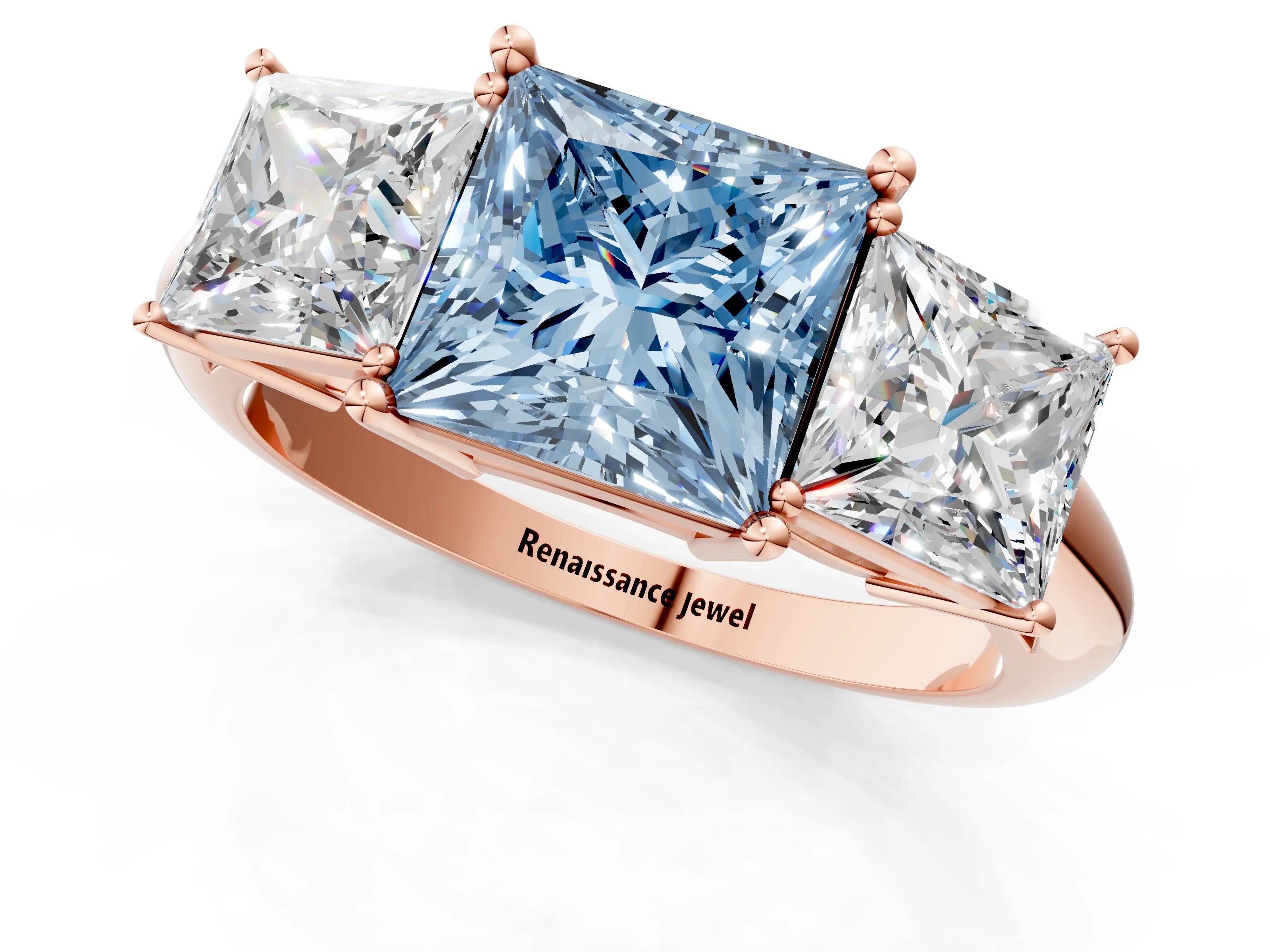 Rose gold Three-Stone Fancy Blue Princess Cut Cut Diamond Engagement Ring with Prong Setting on a White Gold Band_1