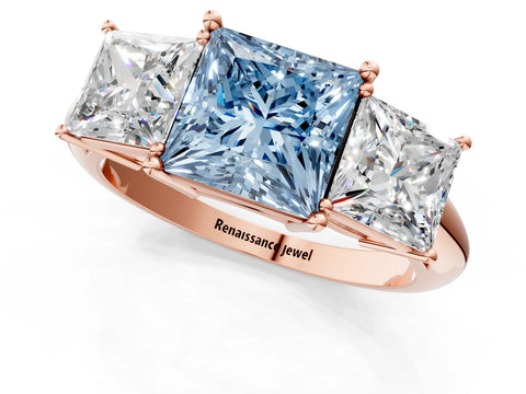 Rose gold Three-Stone Fancy Blue Princess Cut Cut Diamond Engagement Ring with Prong Setting on a White Gold Band_1