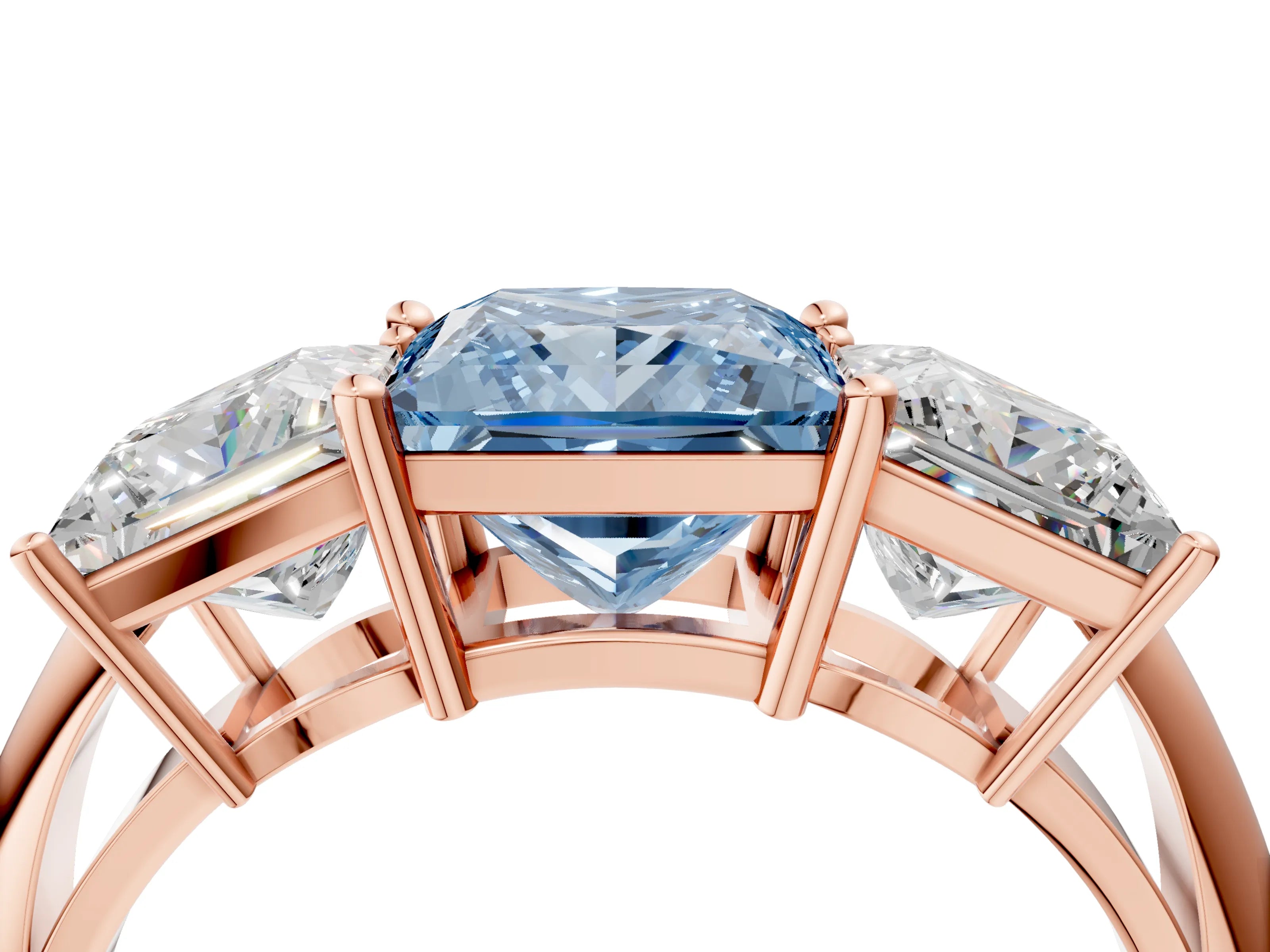Rose gold Three-Stone Fancy Blue Princess Cut Cut Diamond Engagement Ring with Prong Setting on a White Gold Band_4