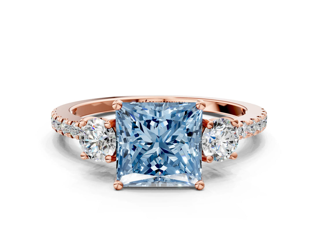 Rose gold Three-Stone Fancy Blue Princess Cut Cut Diamond Pavé Band with Prong Setting_15