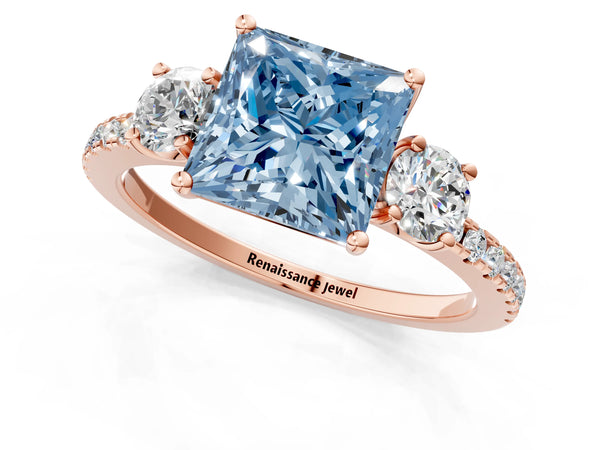 Rose gold Three-Stone Fancy Blue Princess Cut Cut Diamond Pavé Band with Prong Setting