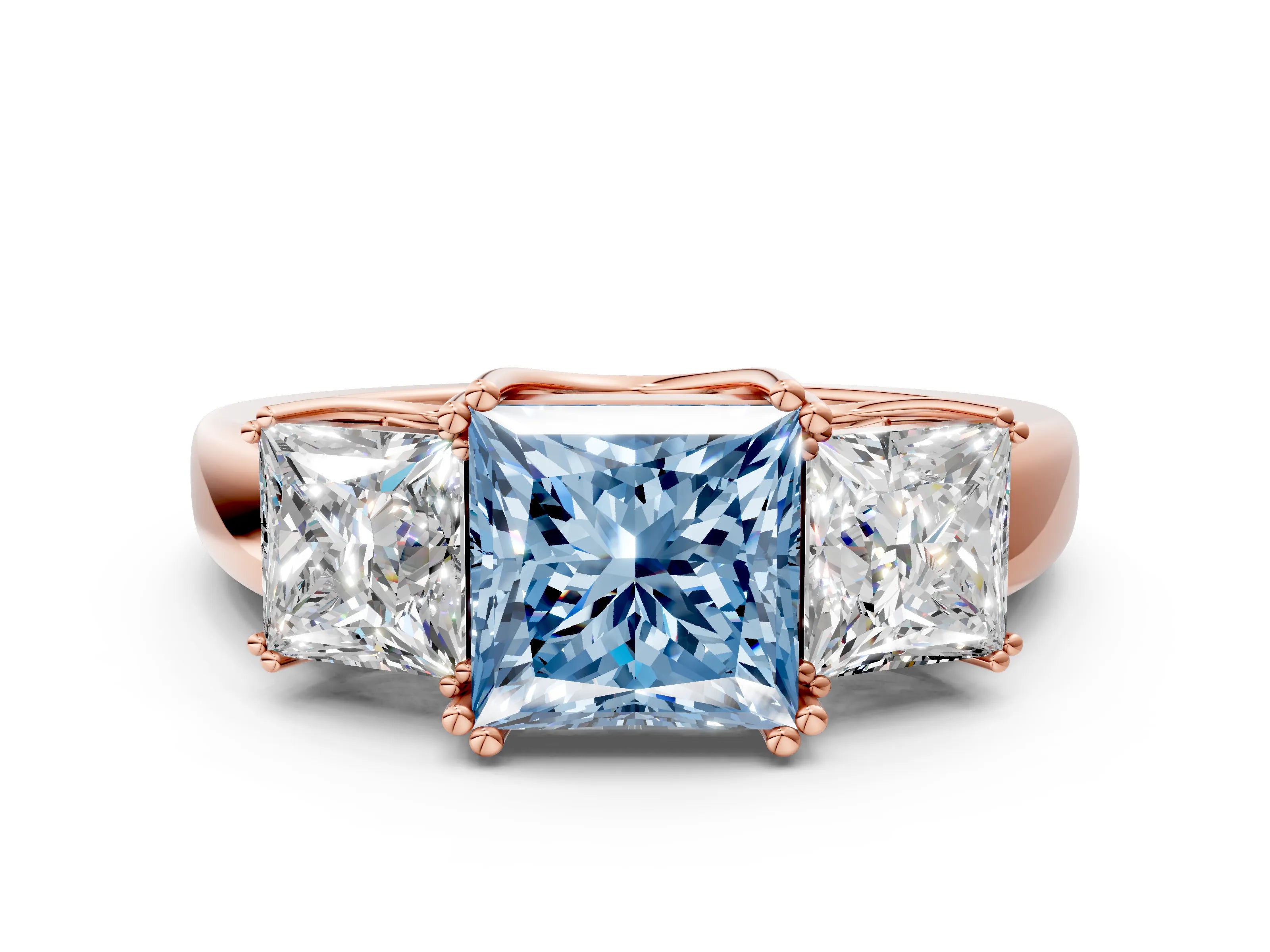 Rose gold Three-Stone Fancy Blue Princess Cut Cut Diamond Ring with Channel Set Band and Four-Prong Setting