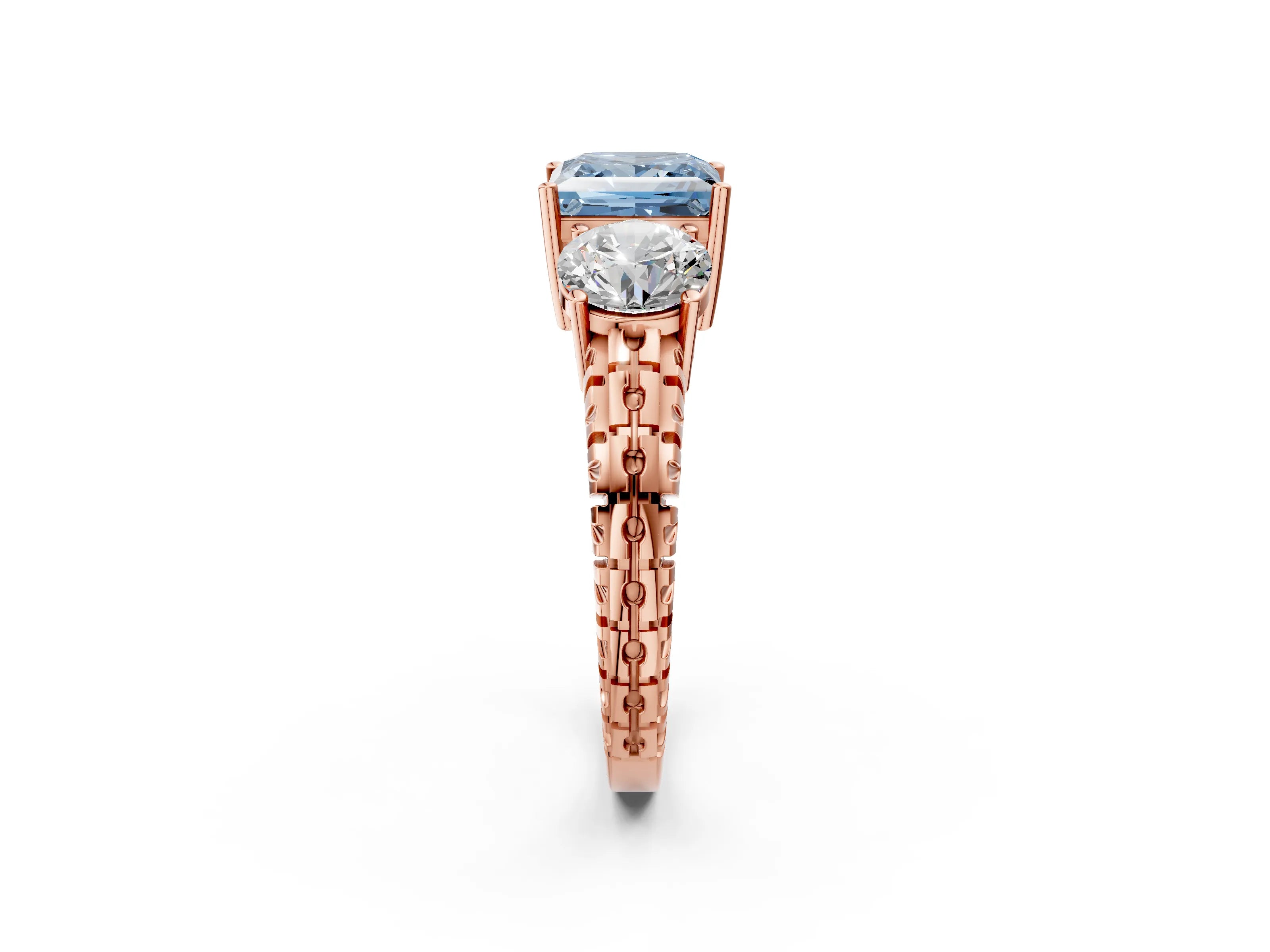 Rose gold Three-Stone Fancy Blue Princess Cut Cut Diamond Ring with Channel-Set Band and Prong Setting_2