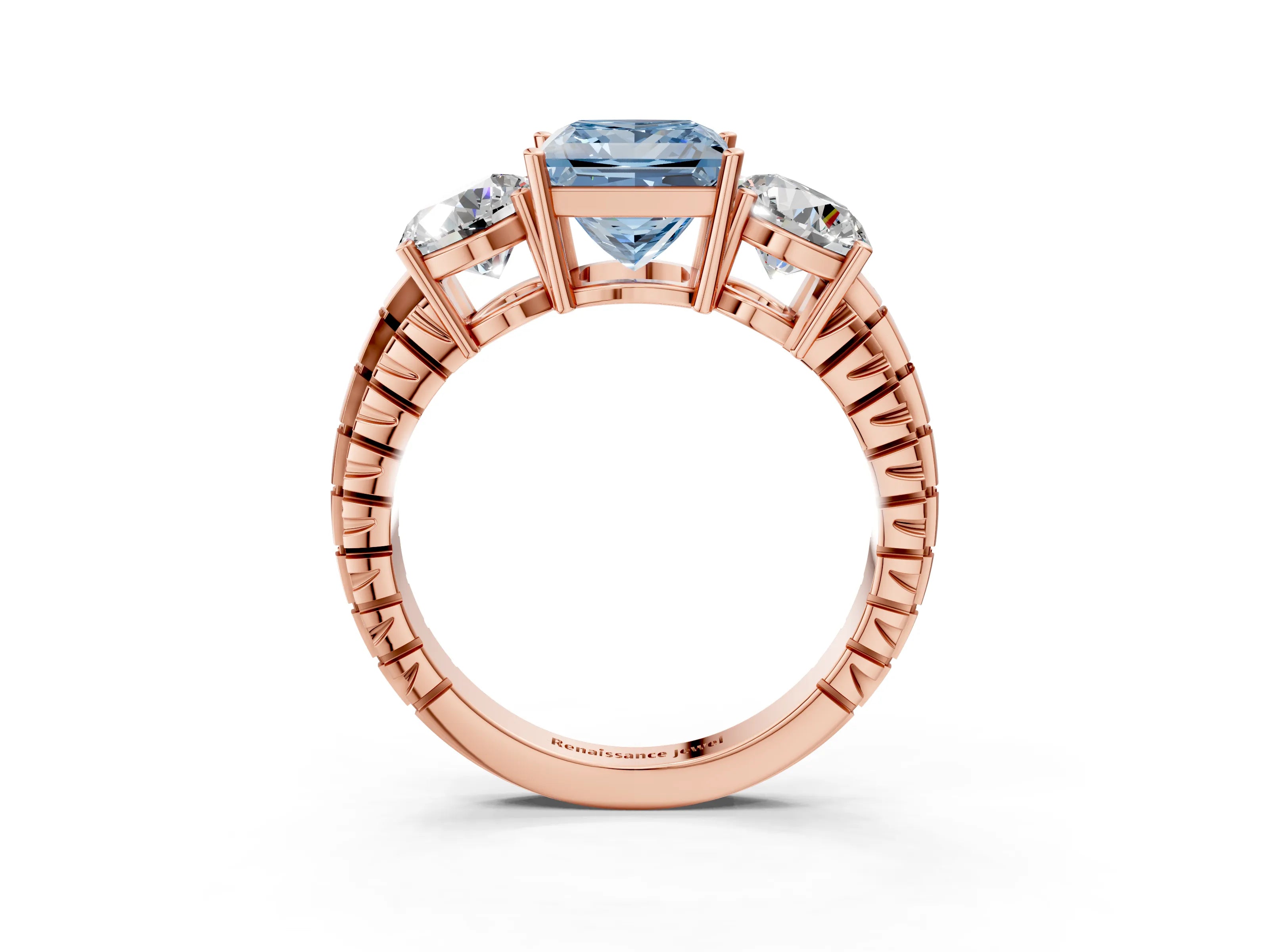 Rose gold Three-Stone Fancy Blue Princess Cut Cut Diamond Ring with Channel-Set Band and Prong Setting_3