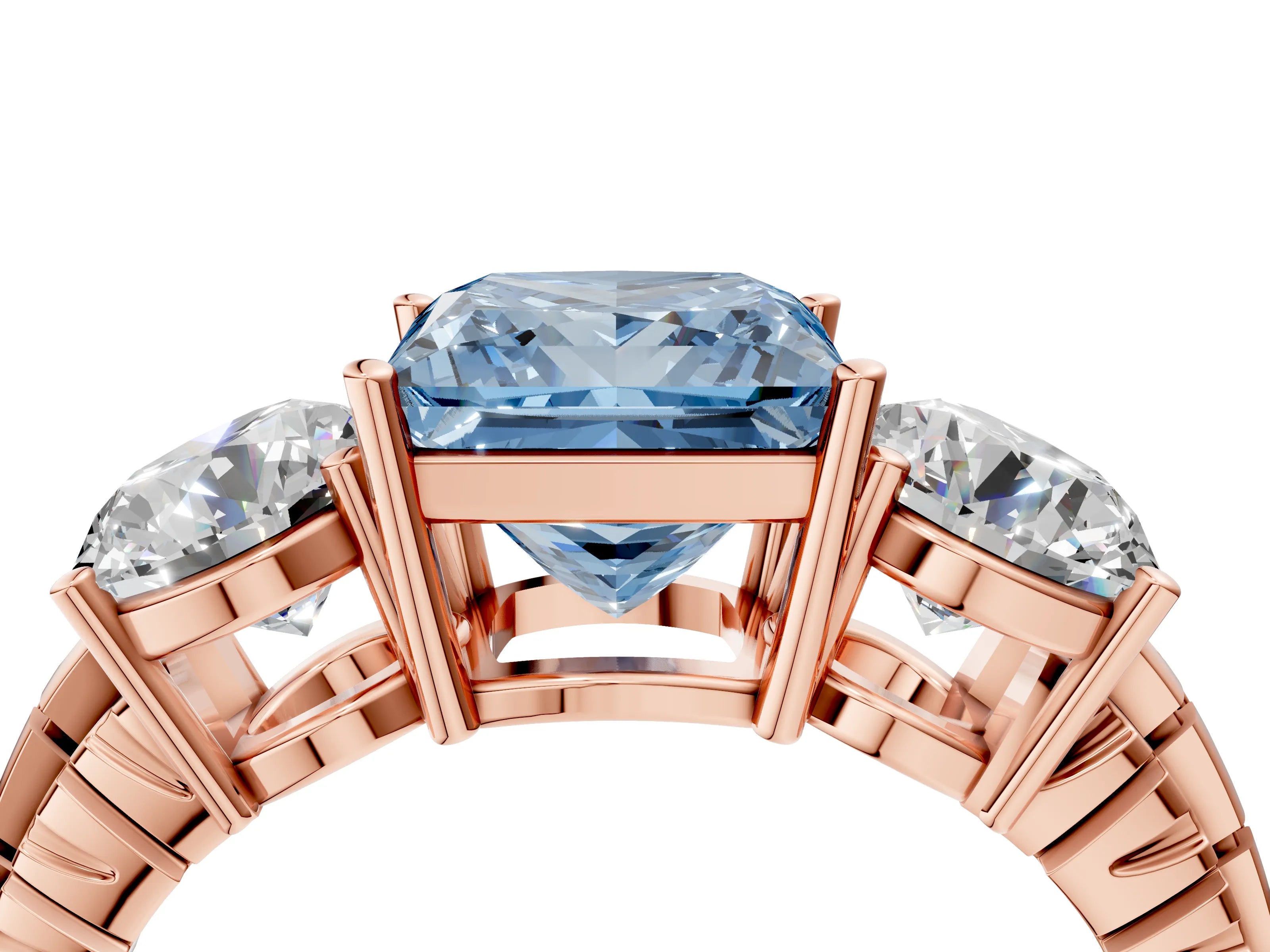 Rose gold Three-Stone Fancy Blue Princess Cut Cut Diamond Ring with Channel-Set Band and Prong Setting_4