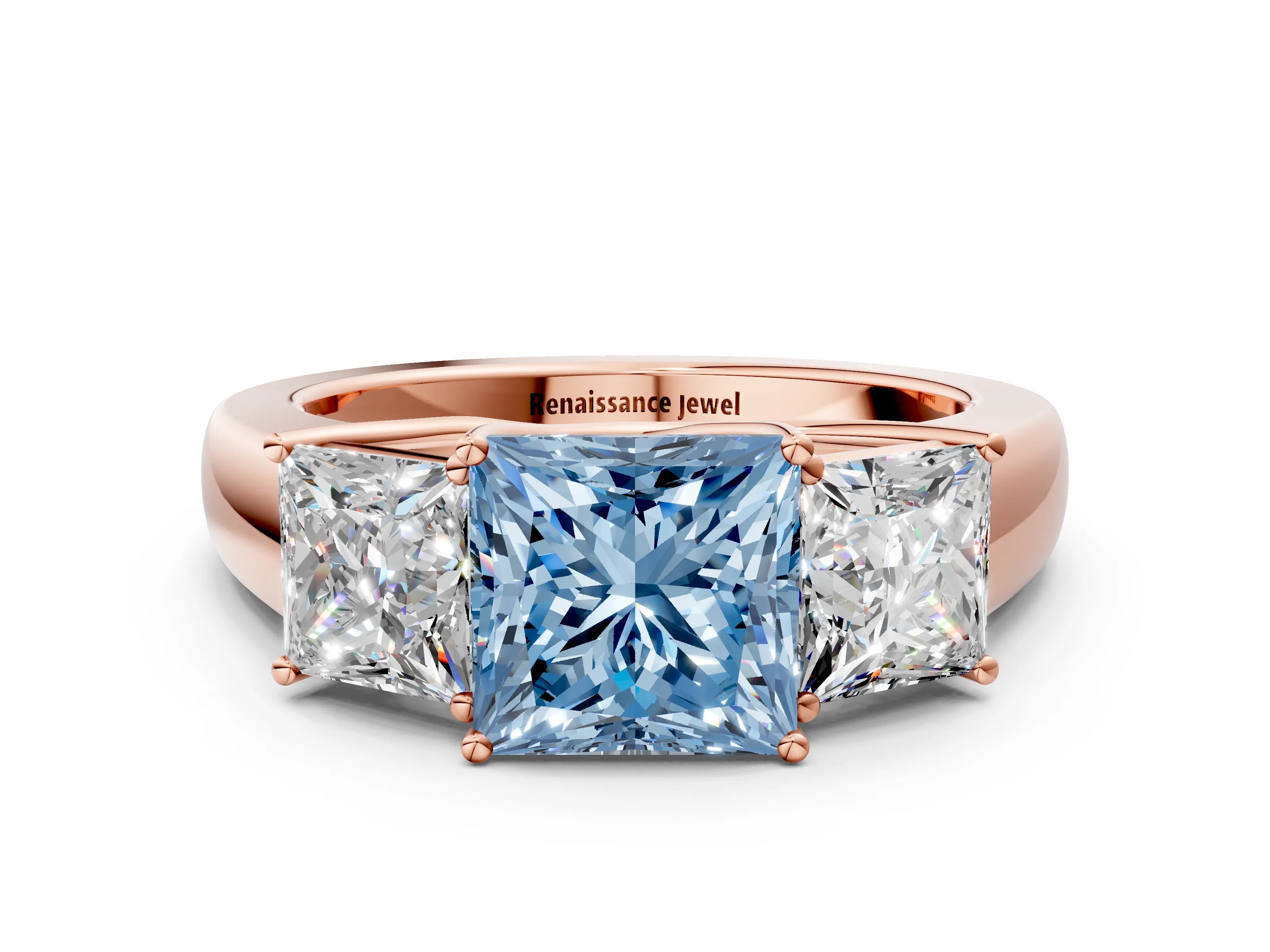 Rose gold Three-Stone Fancy Blue Princess Cut Cut Diamond Ring with Prong Setting and Classic Band