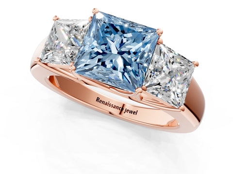 Rose gold Three-Stone Fancy Blue Princess Cut Cut Diamond Ring with Prong Setting and Classic Band_1