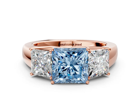 Rose gold Three-Stone Fancy Blue Princess Cut Cut Diamond Ring with Prong Setting and Classic Band