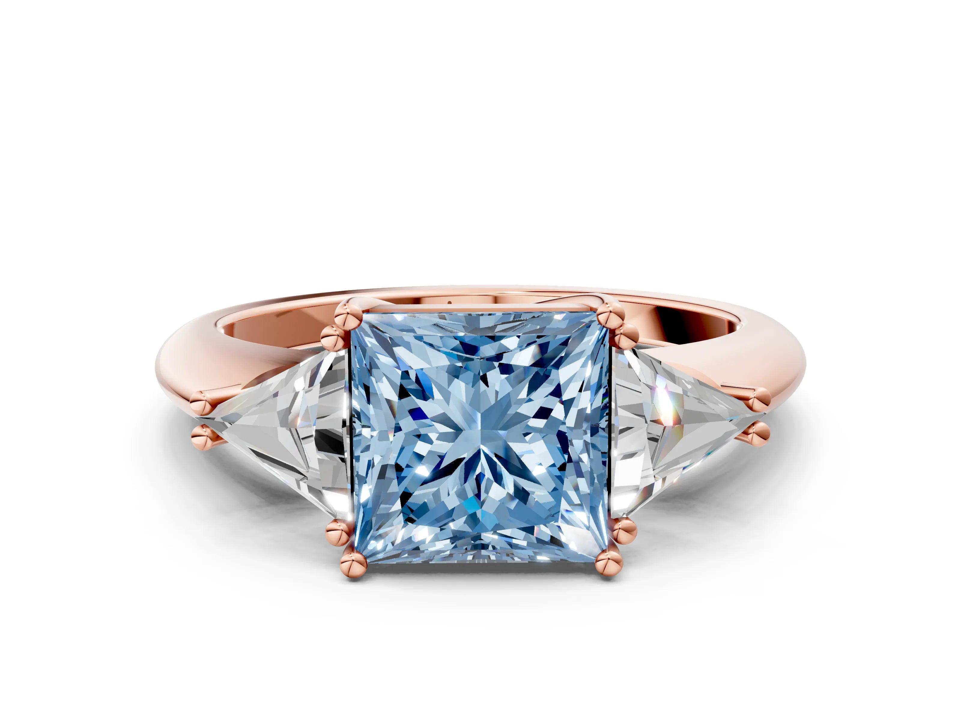 Rose gold Three-Stone Fancy Blue Princess Cut Cut Diamond Ring with Trillion Side Stones and Four-Prong Setting_3