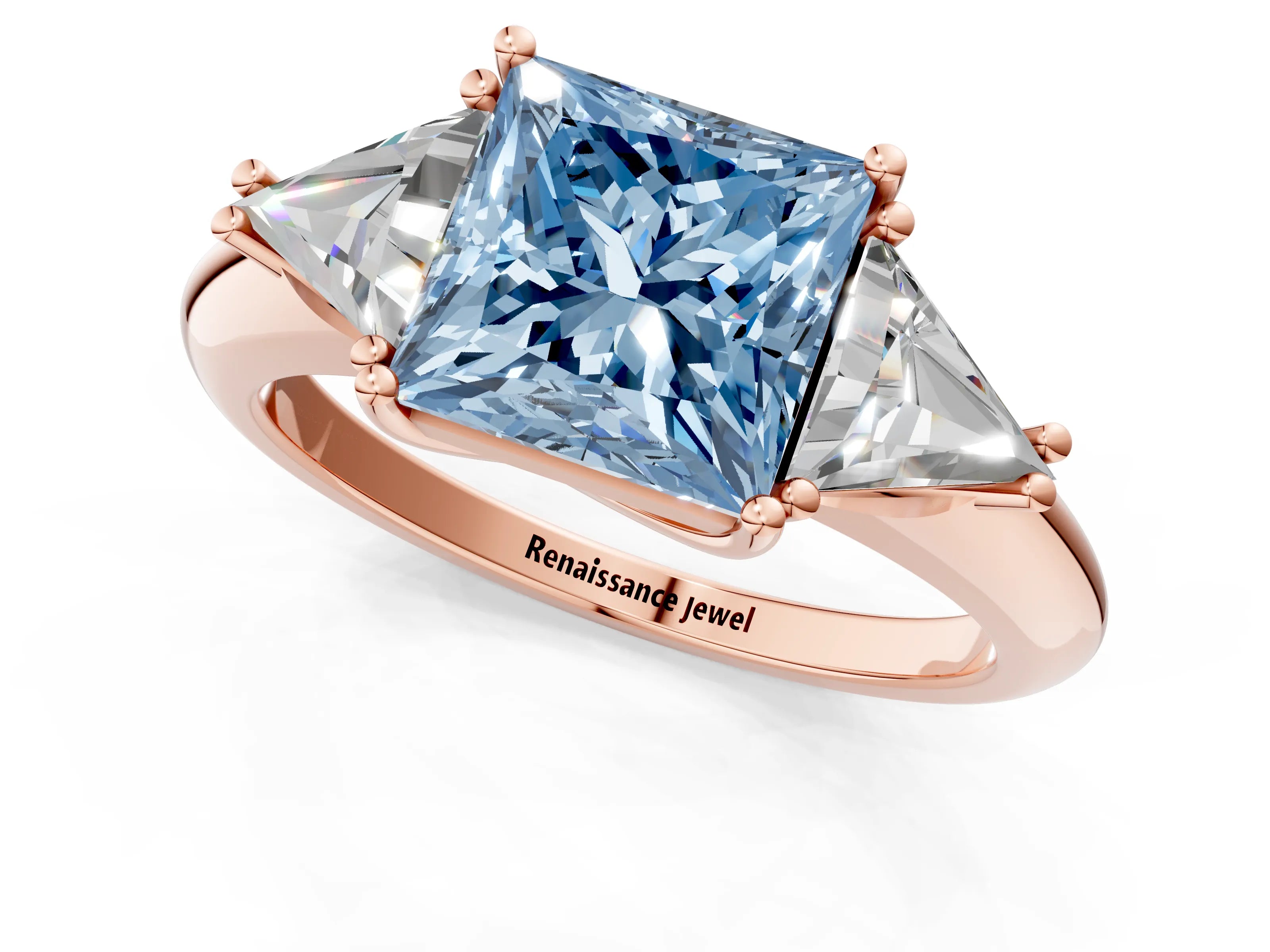 Rose gold Three-Stone Fancy Blue Princess Cut Cut Diamond Ring with Trillion Side Stones and Four-Prong Setting_4
