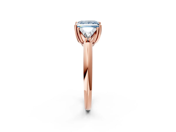 Rose Gold Princess Cut Trillion Three Stone Engagement Ring Setting for Fancy Blue Center