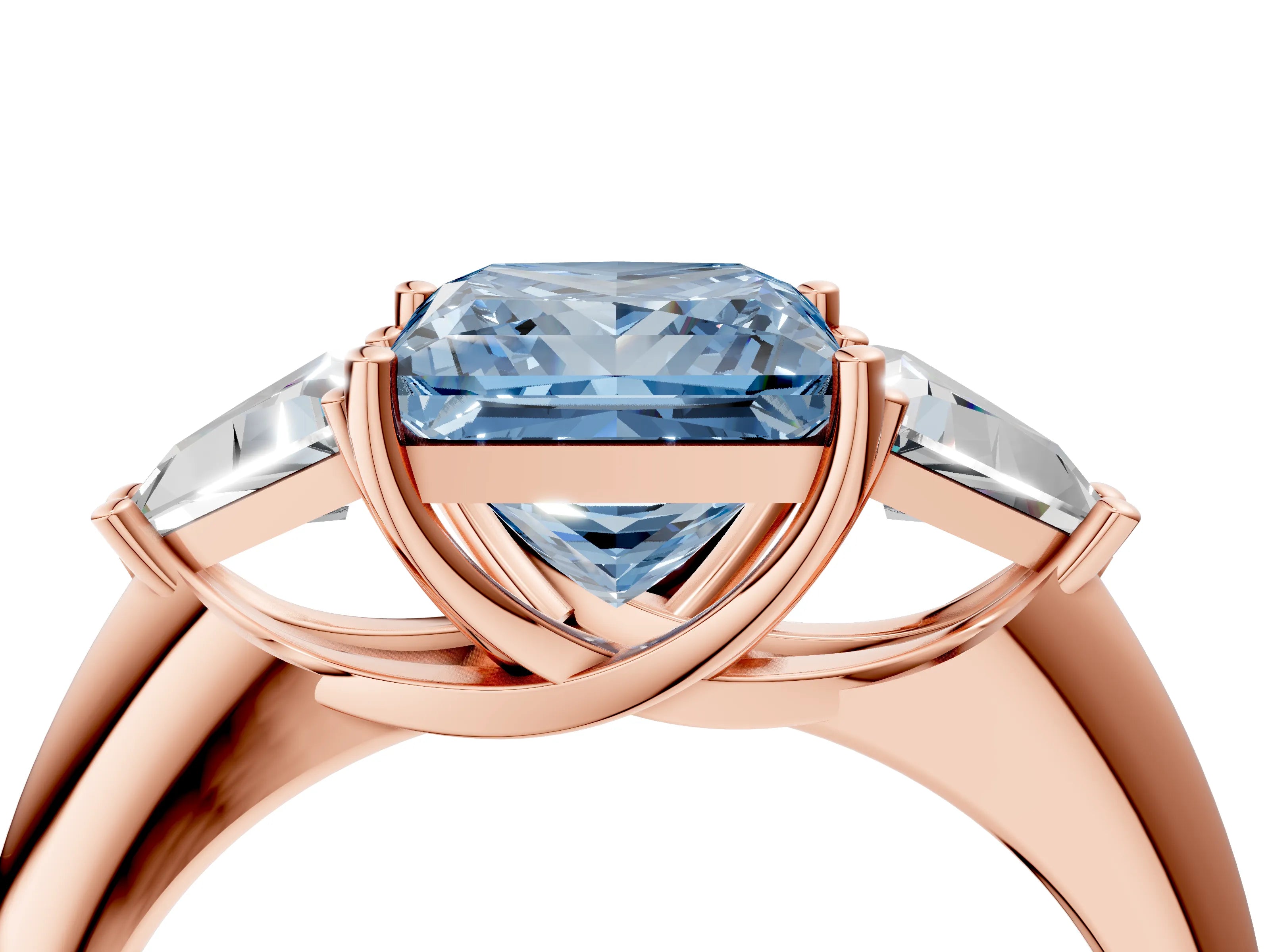 Rose gold Three-Stone Fancy Blue Princess Cut Cut Diamond Ring with Trillion Side Stones and Four-Prong Setting_7