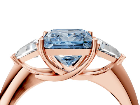 Rose gold Three-Stone Fancy Blue Princess Cut Cut Diamond Ring with Trillion Side Stones and Four-Prong Setting_7
