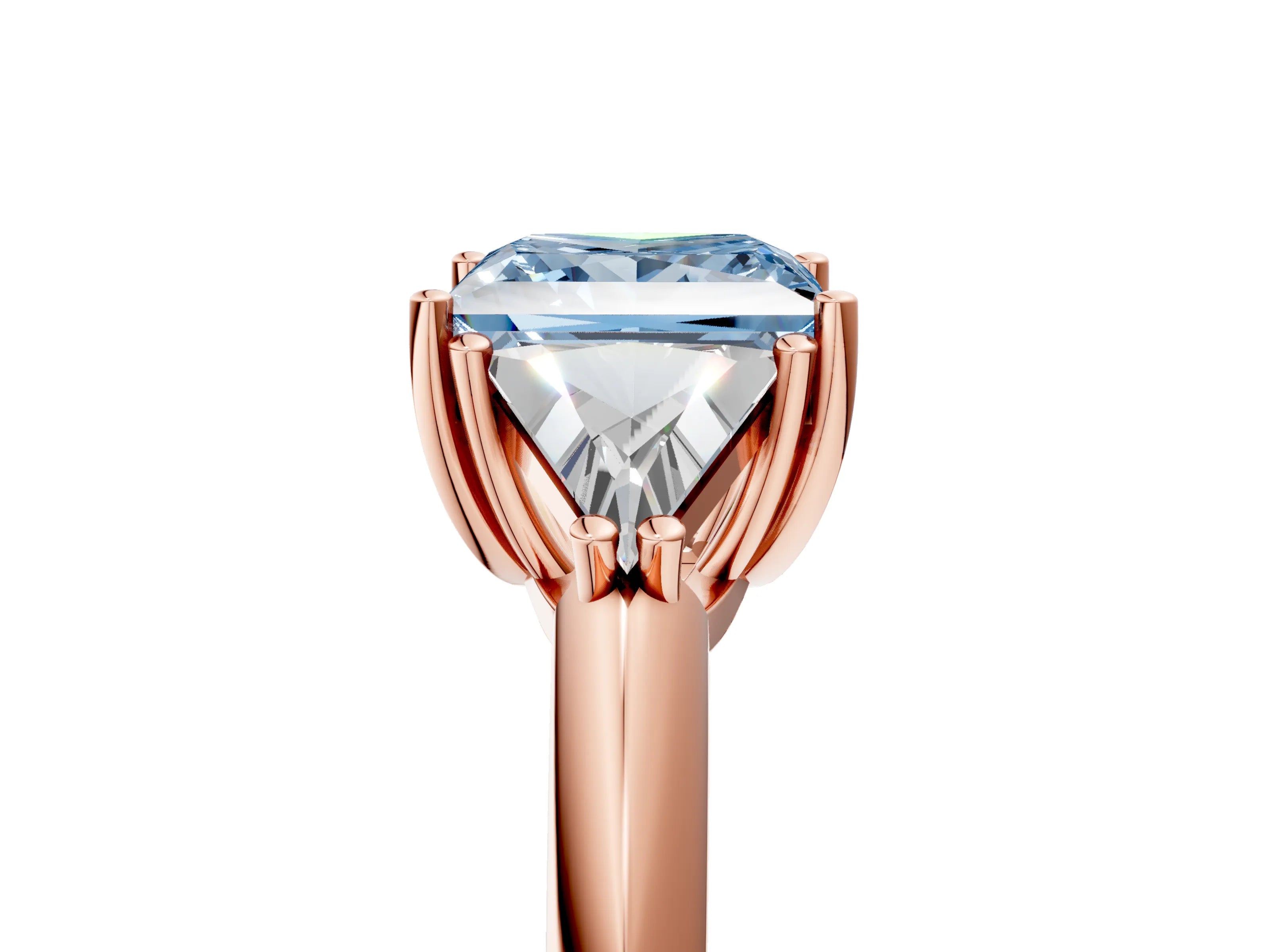 Rose gold Three-Stone Fancy Blue Princess Cut Cut Diamond Ring with Trillion Side Stones and Four-Prong Setting_8