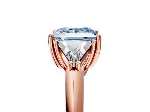 Rose gold Three-Stone Fancy Blue Princess Cut Cut Diamond Ring with Trillion Side Stones and Four-Prong Setting_8