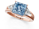 Rose gold Three-Stone Fancy Blue Princess Cut Cut Diamond Ring with Trillion Side Stones on a Split Shank Band_1