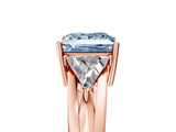 Rose gold Three-Stone Fancy Blue Princess Cut Cut Diamond Ring with Trillion Side Stones on a Split Shank Band_11