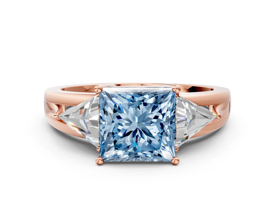 Rose gold Three-Stone Fancy Blue Princess Cut Cut Diamond Ring with Trillion Side Stones on a Split Shank Band_6