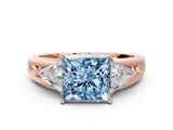 Rose gold Three-Stone Fancy Blue Princess Cut Cut Diamond Ring with Trillion Side Stones on a Split Shank Band_6