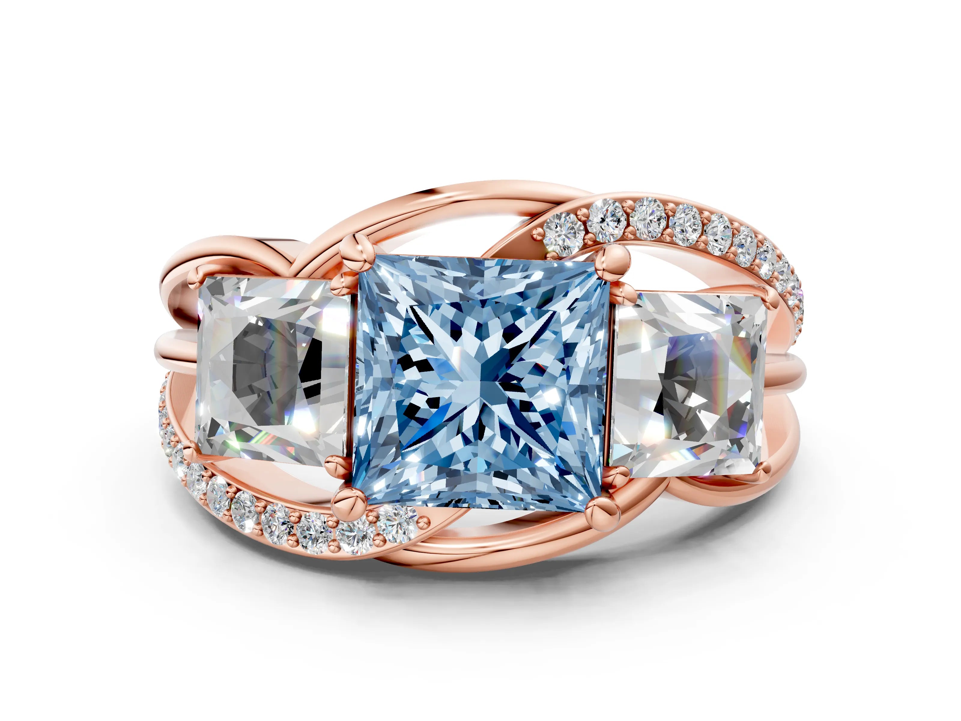 Rose gold Three-Stone Fancy Blue Princess Cut Cut Diamond Split Shank Prong Set Ring_12