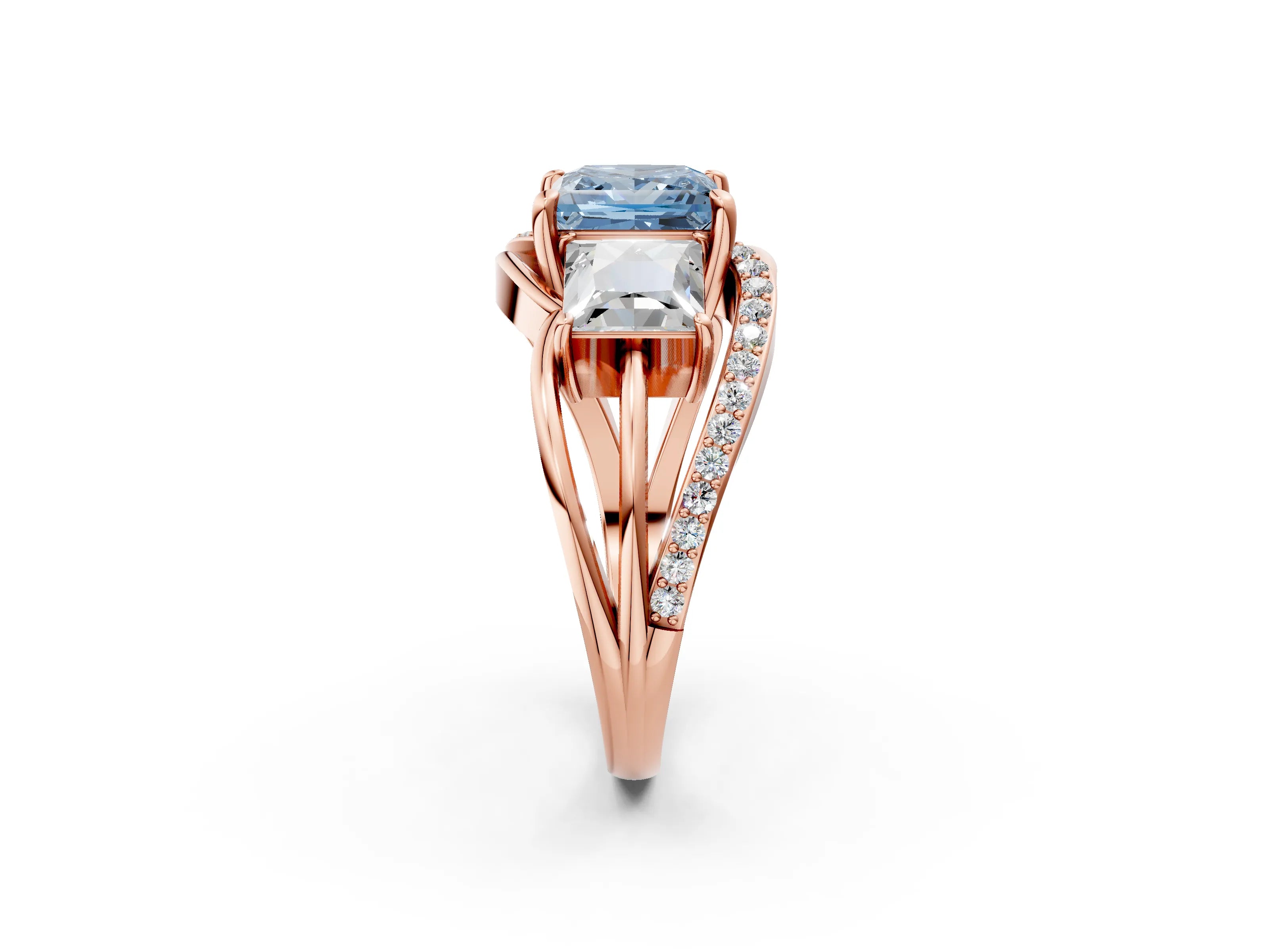 Rose gold Three-Stone Fancy Blue Princess Cut Cut Diamond Split Shank Prong Set Ring_14