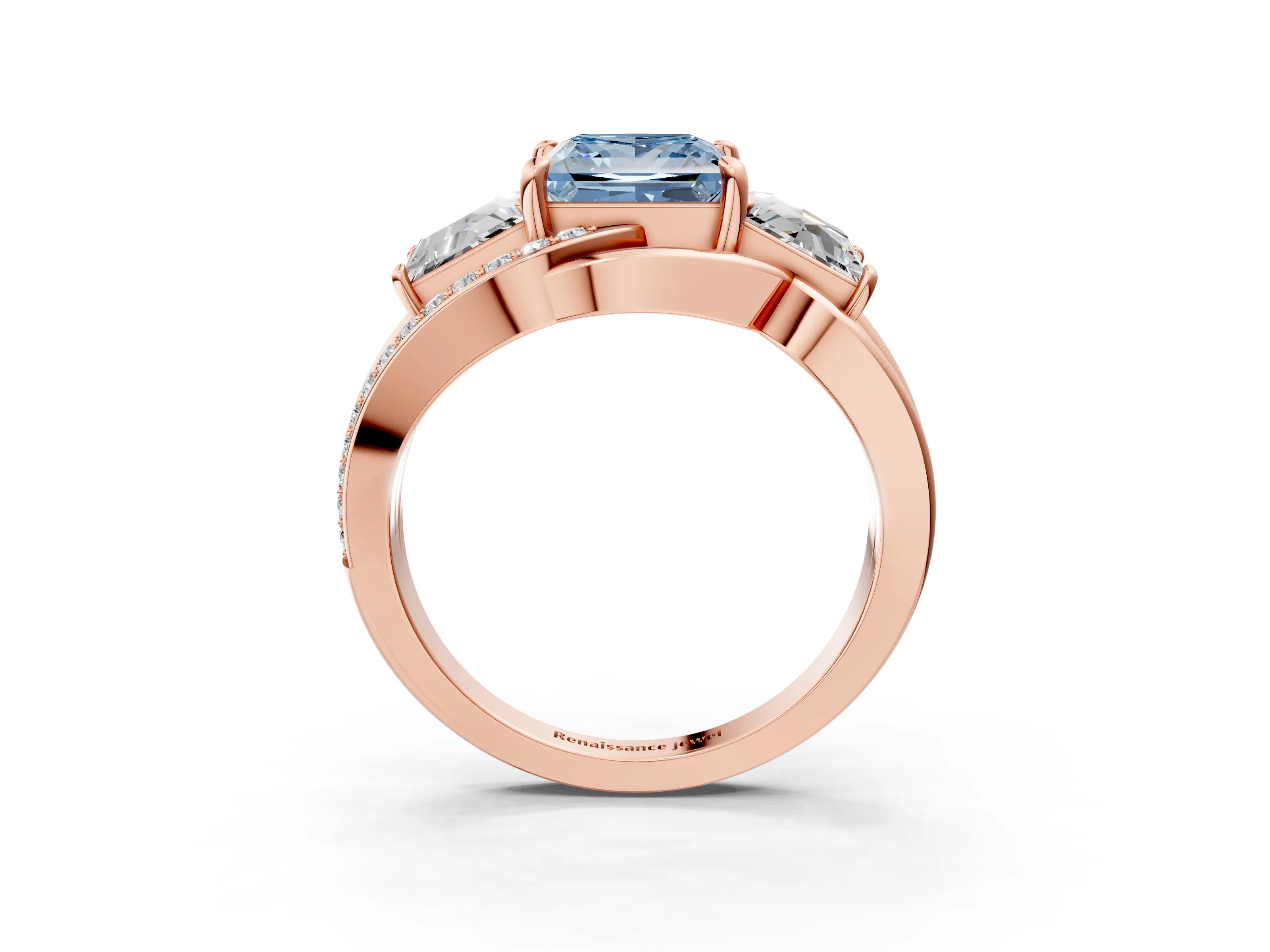Rose gold Three-Stone Fancy Blue Princess Cut Cut Diamond Split Shank Prong Set Ring_15