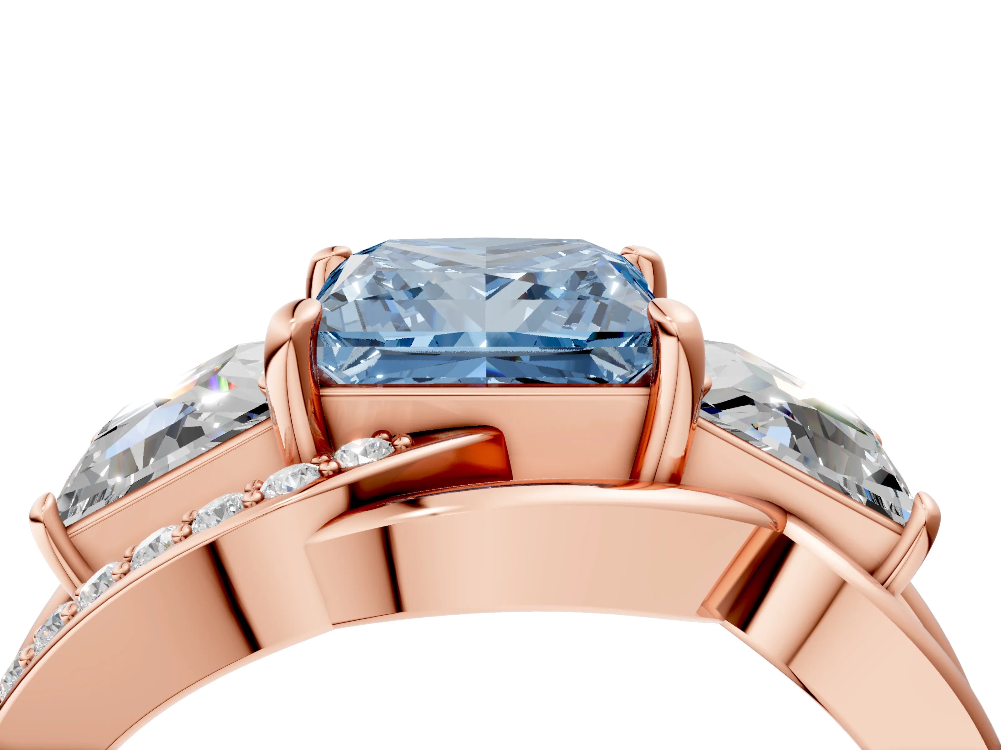 Rose gold Three-Stone Fancy Blue Princess Cut Cut Diamond Split Shank Prong Set Ring_16