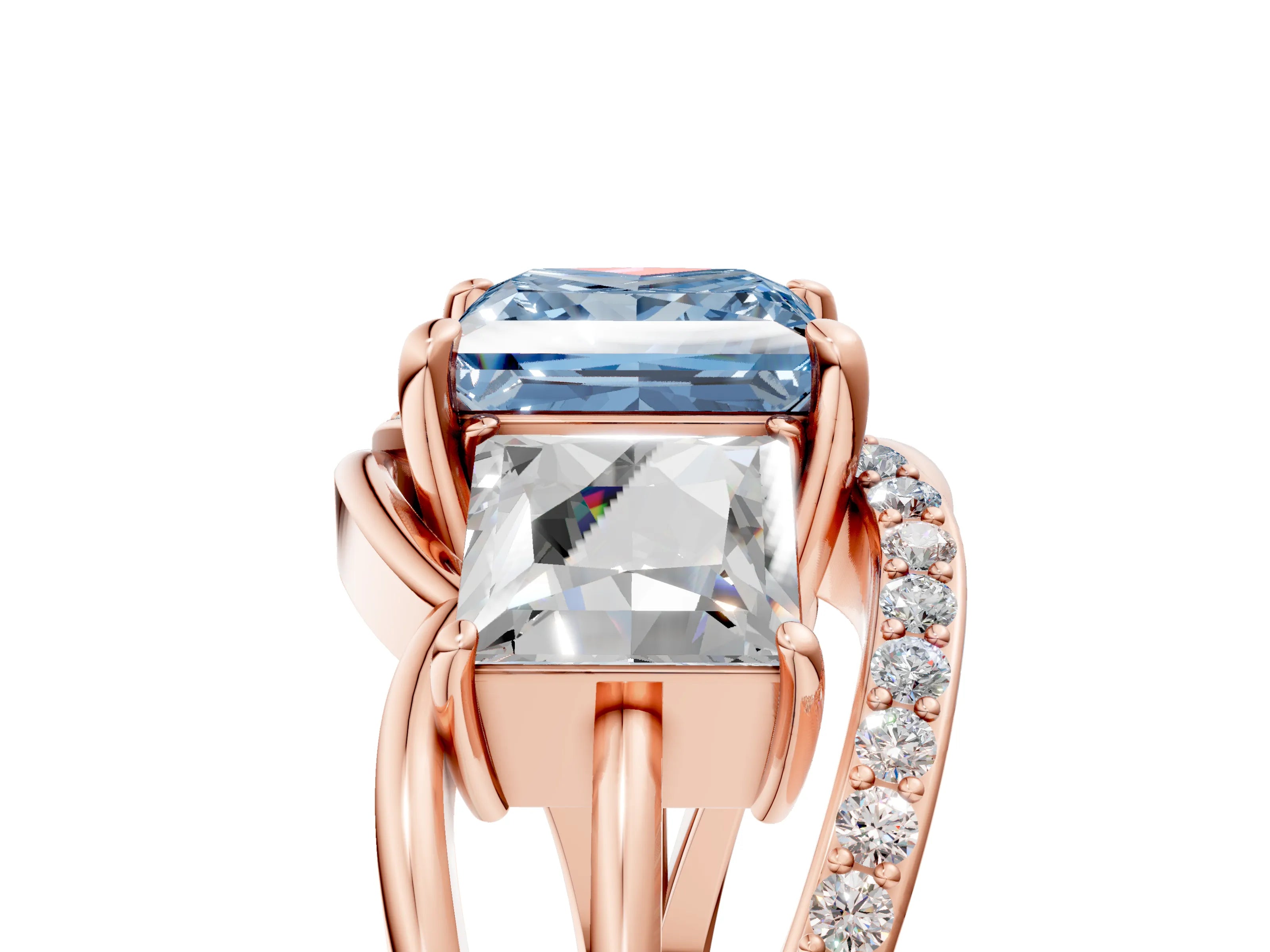 Rose gold Three-Stone Fancy Blue Princess Cut Cut Diamond Split Shank Prong Set Ring_17