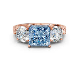 Rose gold Three-Stone Fancy Blue Princess Cut Cut Milgrain Band Prong Setting Ring