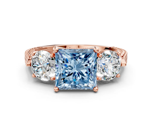 Rose Gold Princess Cut Vintage Three Stone Engagement Ring Setting for Fancy Blue Center