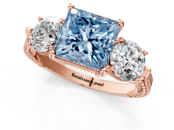 Rose Gold Princess Cut Vintage Three Stone Engagement Ring Setting for Fancy Blue Center