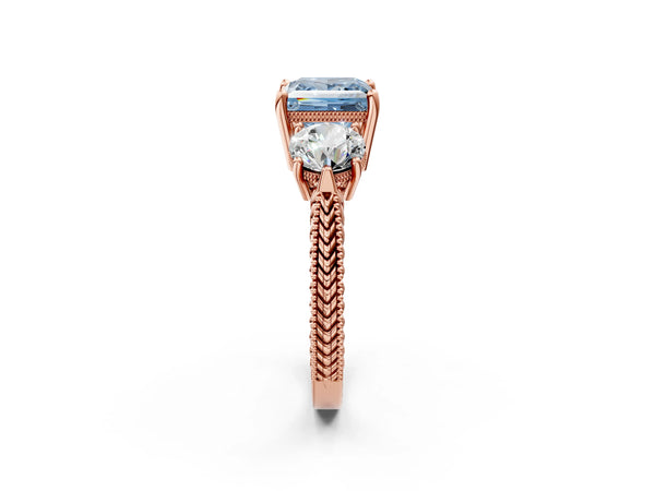 Rose Gold Princess Cut Vintage Three Stone Engagement Ring Setting for Fancy Blue Center